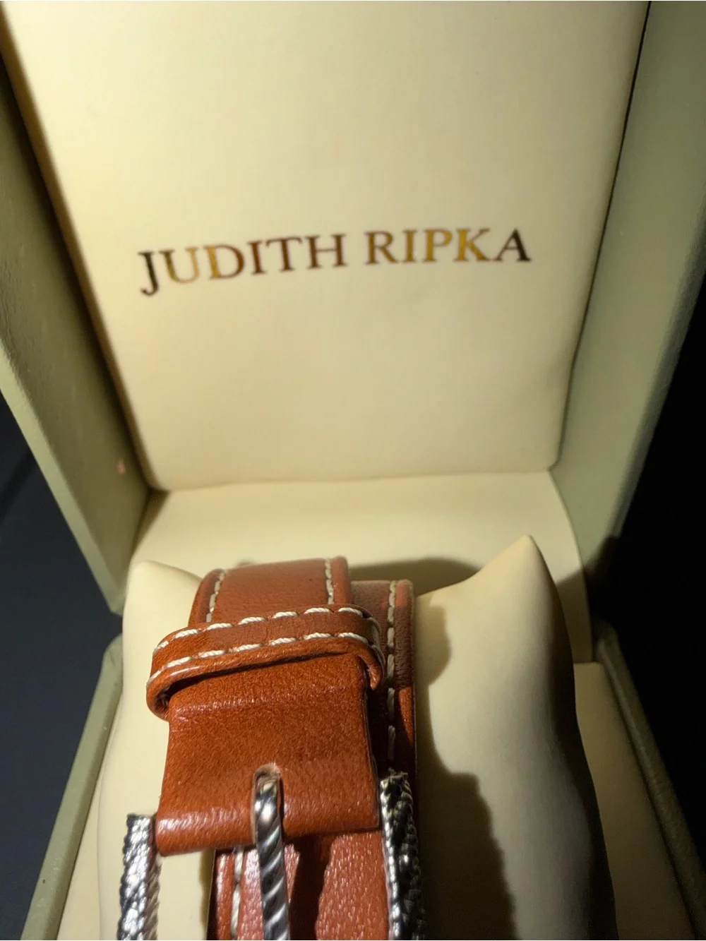 Judith Ripka Brown Leather Double-Wrap Watch with Silver Rope Bezel, NEW in box